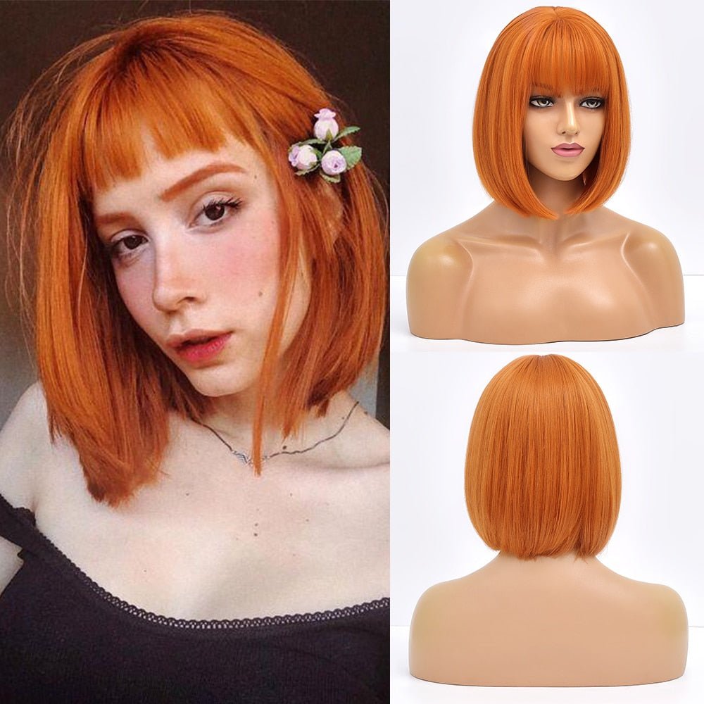 Orange Short Straight Bob Synthetic Wig with Bangs - HairNjoy