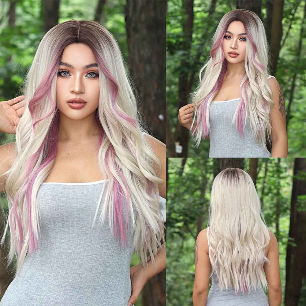 Pink Blonde Long Wavy Hair Synthetic Wig - HairNjoy