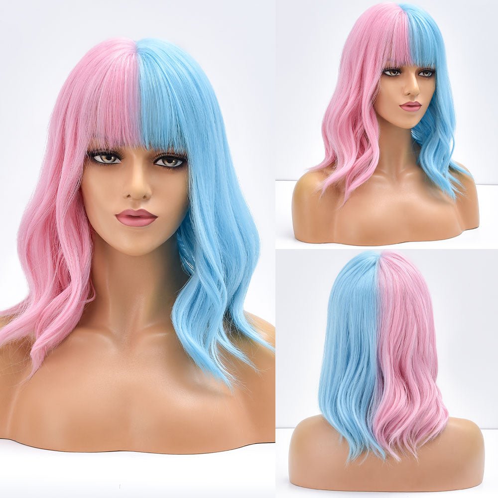 Pink Blue Bob Body Wave Synthetic Wigs with Bangs - HairNjoy