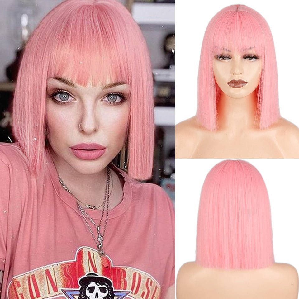 Pink Blunt Straight Wig with Bangs S - HairNjoy