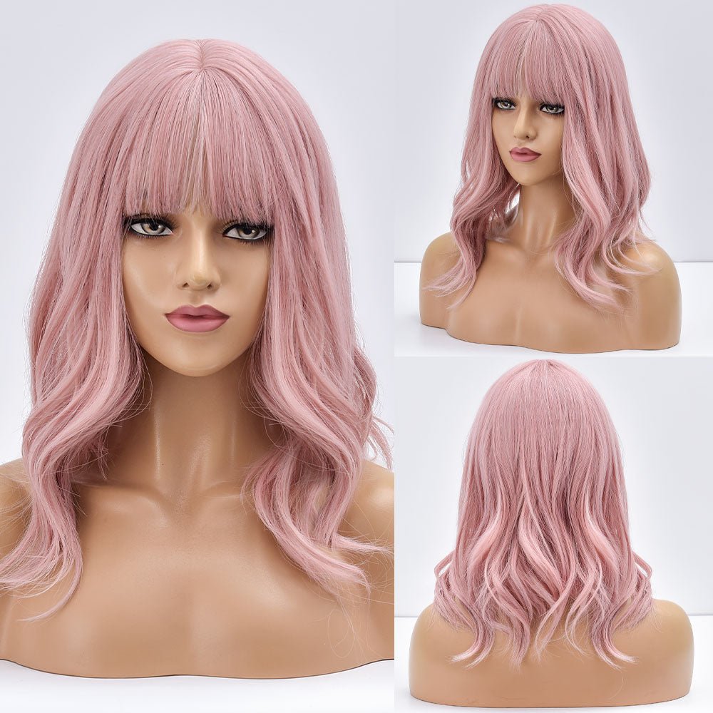 Pink Bob Body Wave Synthetic Wigs with Bangs - HairNjoy
