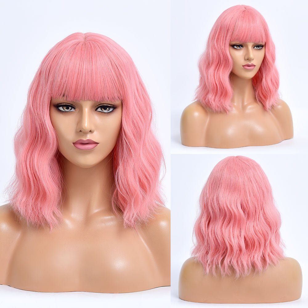 Pink Bob Body Wave Synthetic Wigs with Bangs - HairNjoy