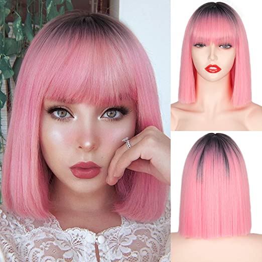 Pink Bob Straight Wig with Bangs - HairNjoy