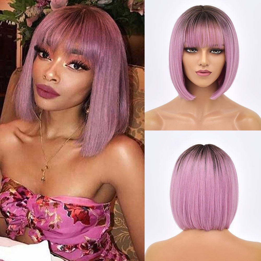 Pink Bob Synthetic Wig with Bangs - HairNjoy