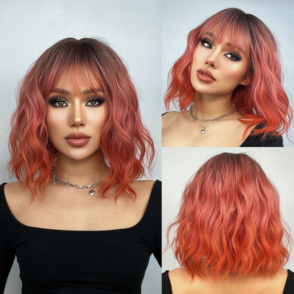 Pink Orange Bob Wavy Synthetic with Bangs - HairNjoy