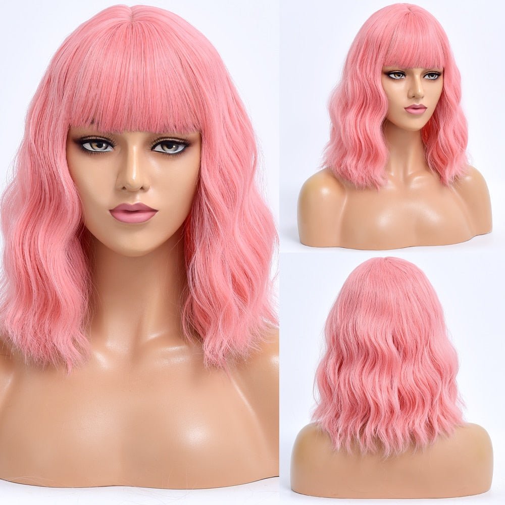 Pink Short Bob Synthetic Wig With Bangs - HairNjoy