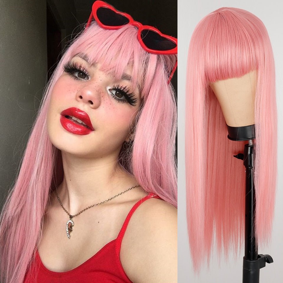Pink Straight Wig with Bangs - HairNjoy