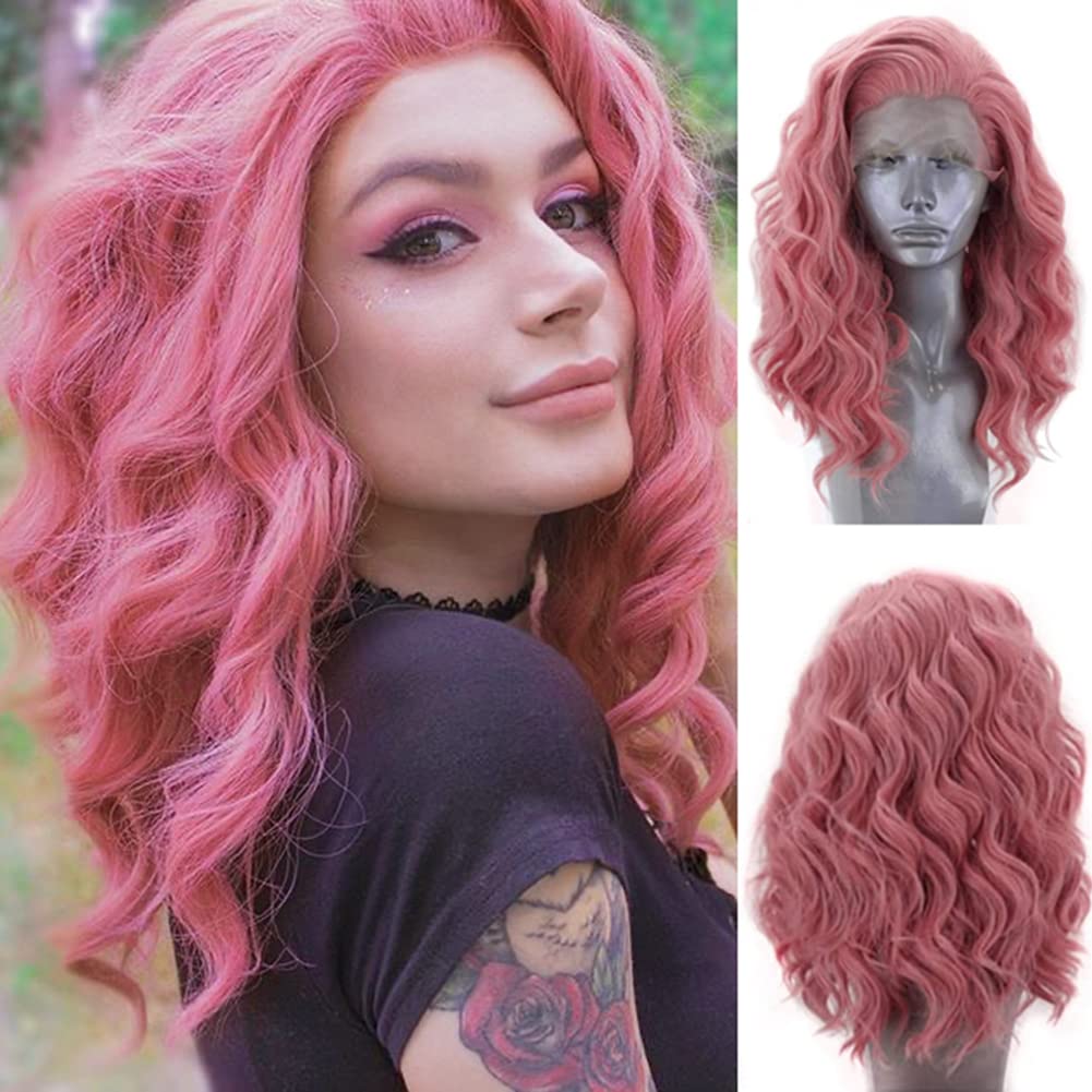 Pink Wavy Curly Synthetic Lace Front Wigs - HairNjoy