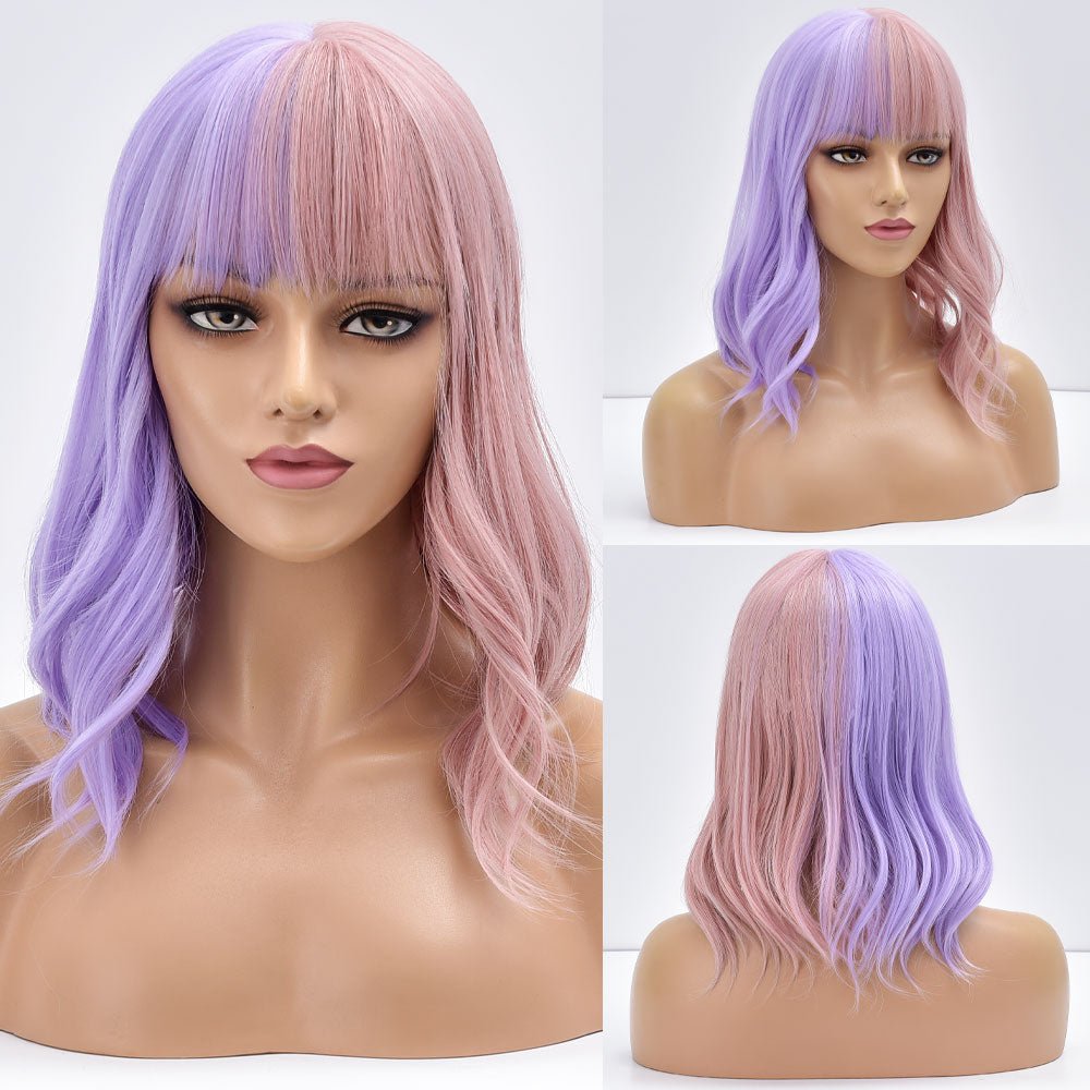 Purple Pink Bob Body Wave Wigs with Bangs - HairNjoy