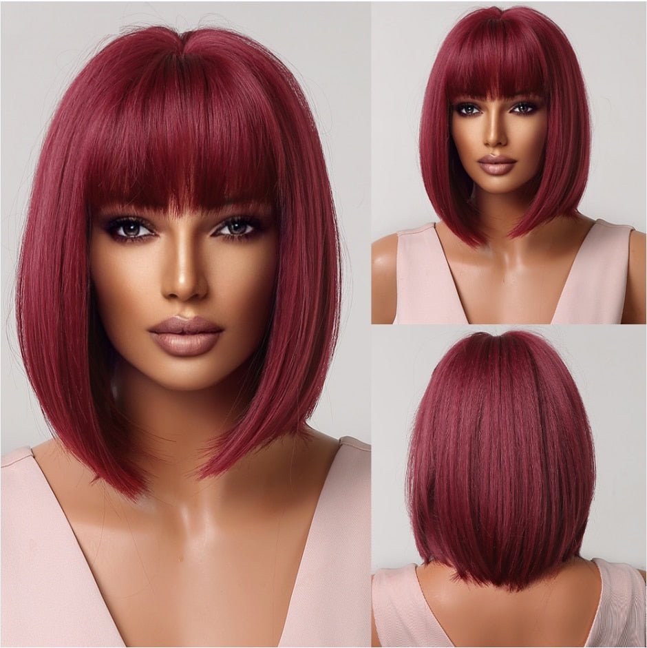 Purple Red with Bangs Short Straight Synthetic Wigs - HairNjoy
