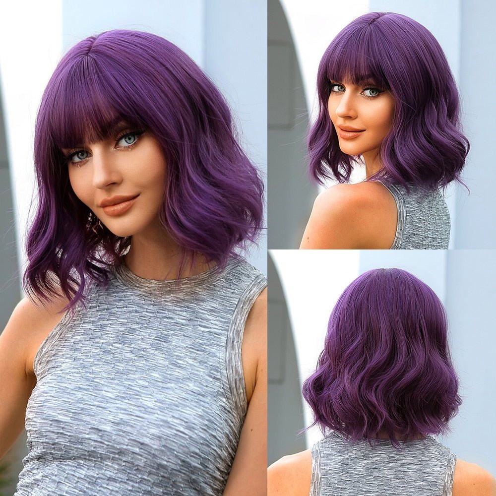 Purple Short Wavy Wig with Bangs - HairNjoy