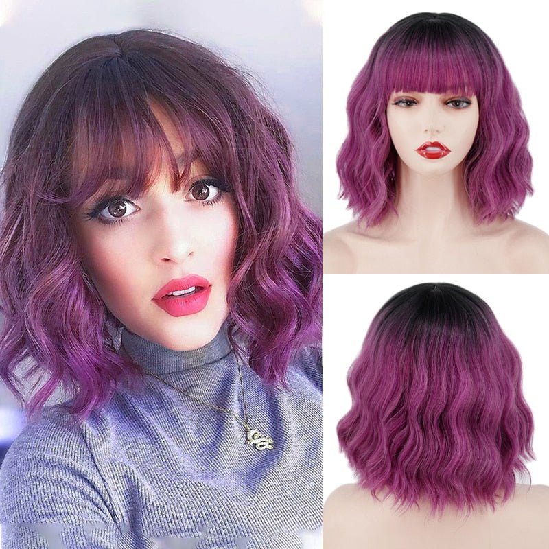 Purple Wavy Short Bob Synthetic Wigs - HairNjoy