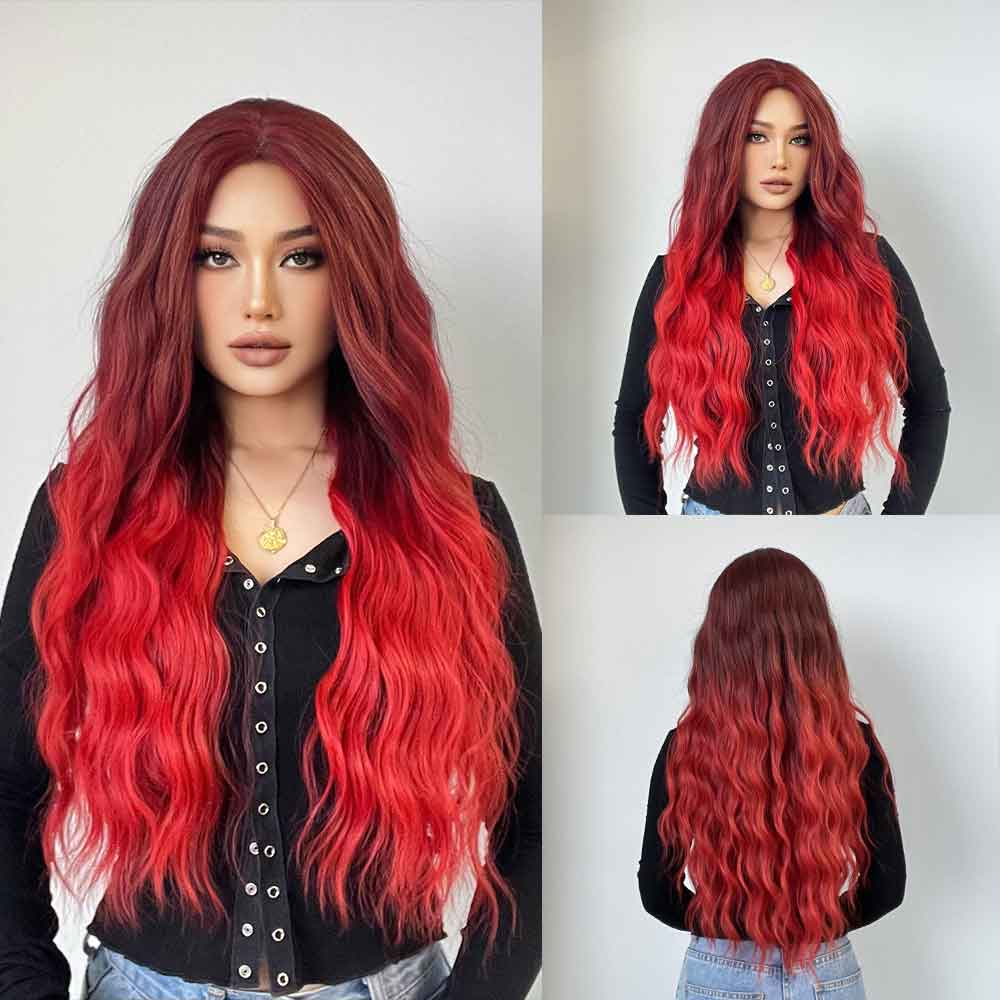 Red Long Wavy Ombre Synthetic Wig - HairNjoy