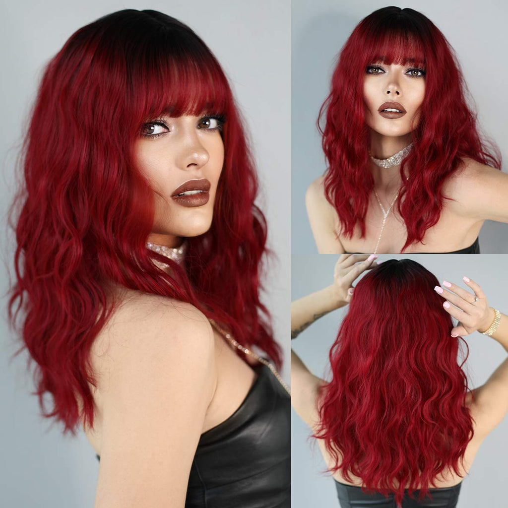 Red Long Wavy with Bangs Wigs - HairNjoy