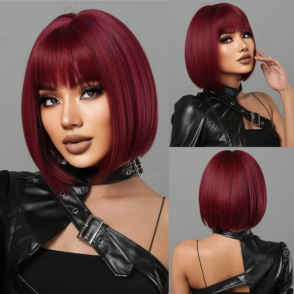 Red Wine with Bangs Synthetic Short Wigs - HairNjoy