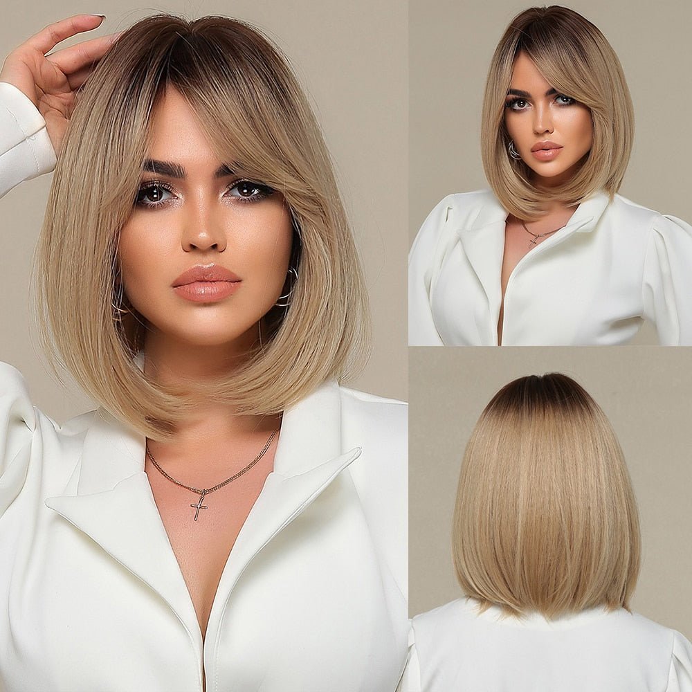 Root Ombre Blonde Synthetic Wig with Side Bangs - HairNjoy