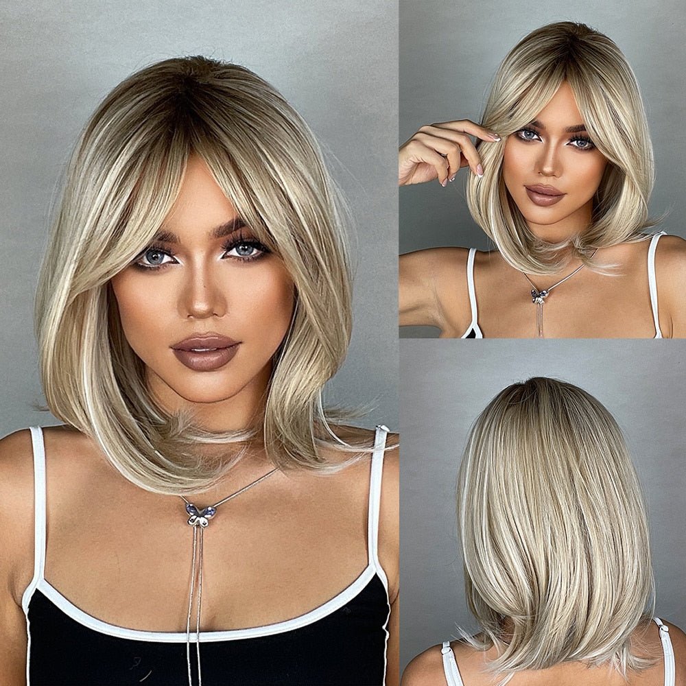 Root Ombre Highlight Blonde Wig with Side Bangs - HairNjoy