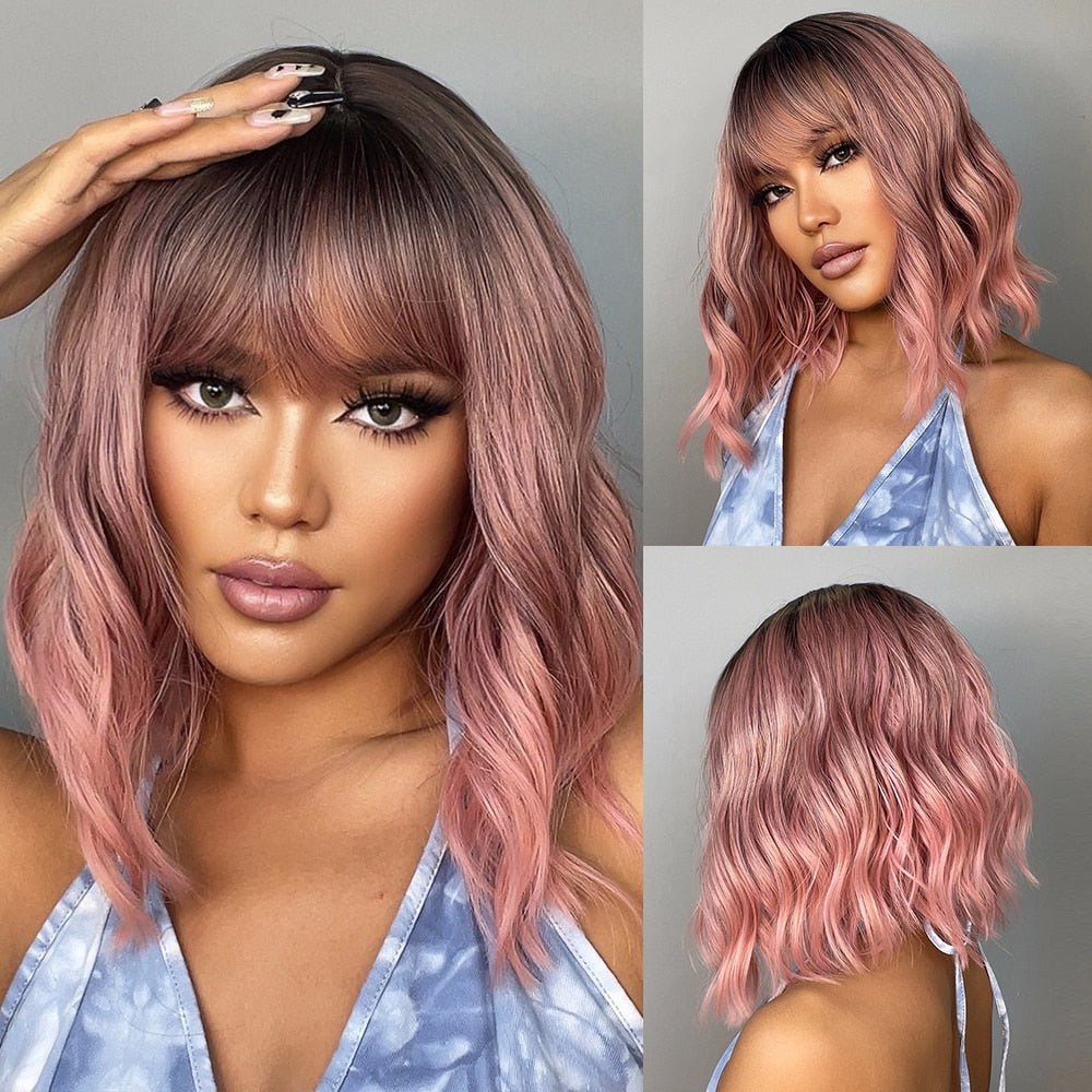 Root Ombre Pink Synthetic Wig with Bangs - HairNjoy