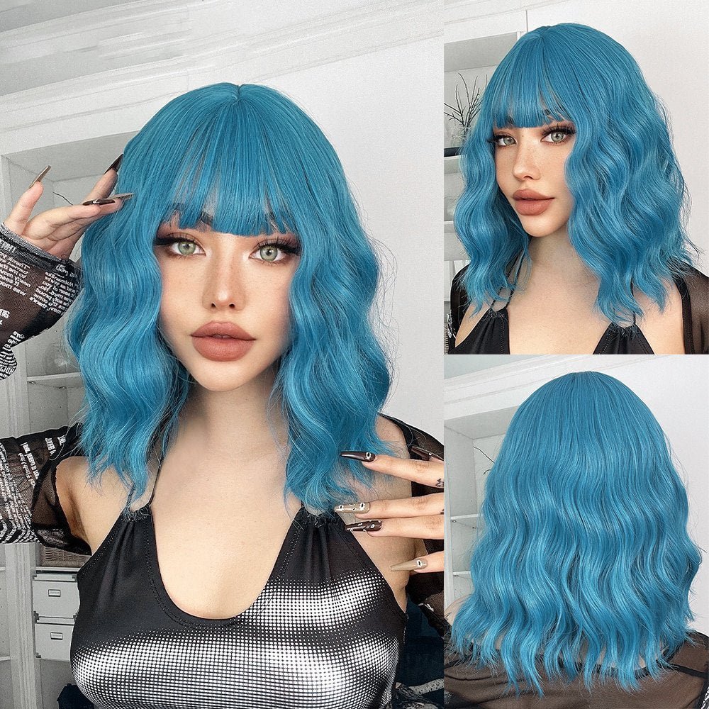 Sea Blue Bob Wavy Synthetic with Bangs - HairNjoy