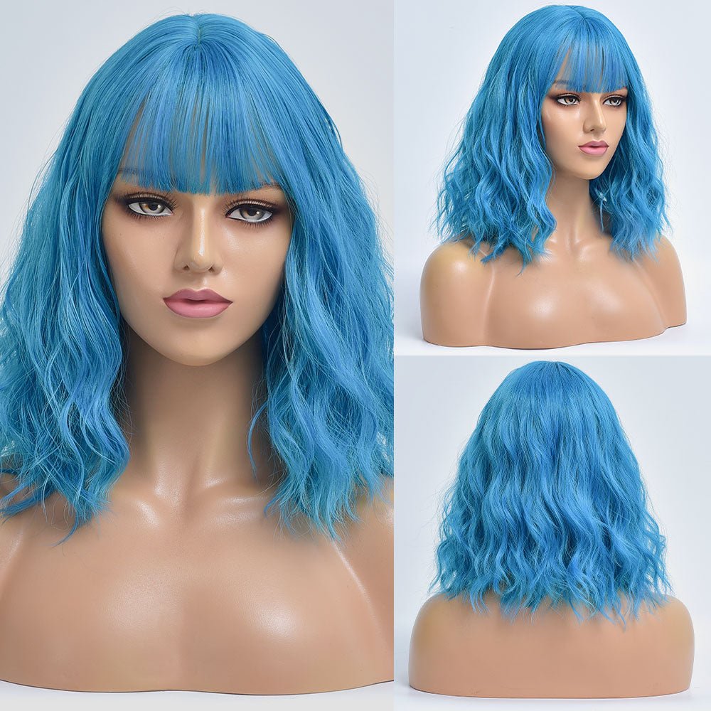Short Bob Synthetic Blue Wig With Bangs - HairNjoy