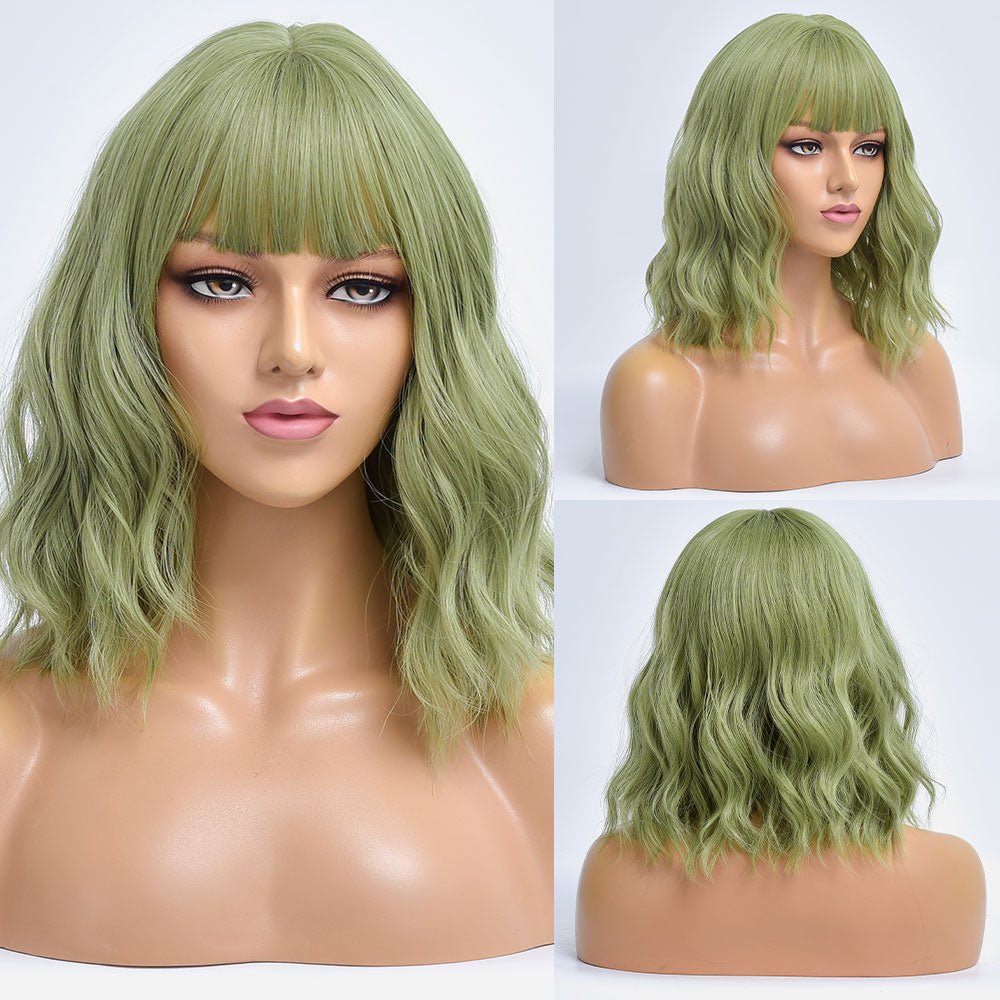 Short Bob Synthetic Green Wig With Bangs - HairNjoy