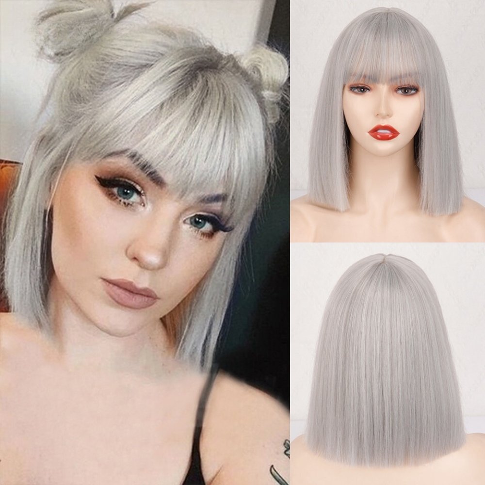 Silver Gray Bob with Bangs Short Synthetic Wigs - HairNjoy