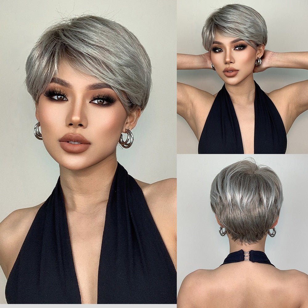 Silver Gray Pixie Cut Wigs with Bangs - HairNjoy
