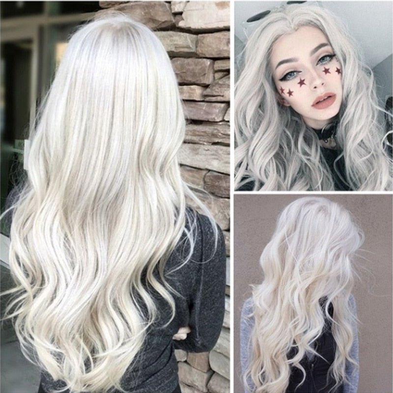 Silver White Wavy Natural Full Synthetic Wig - HairNjoy