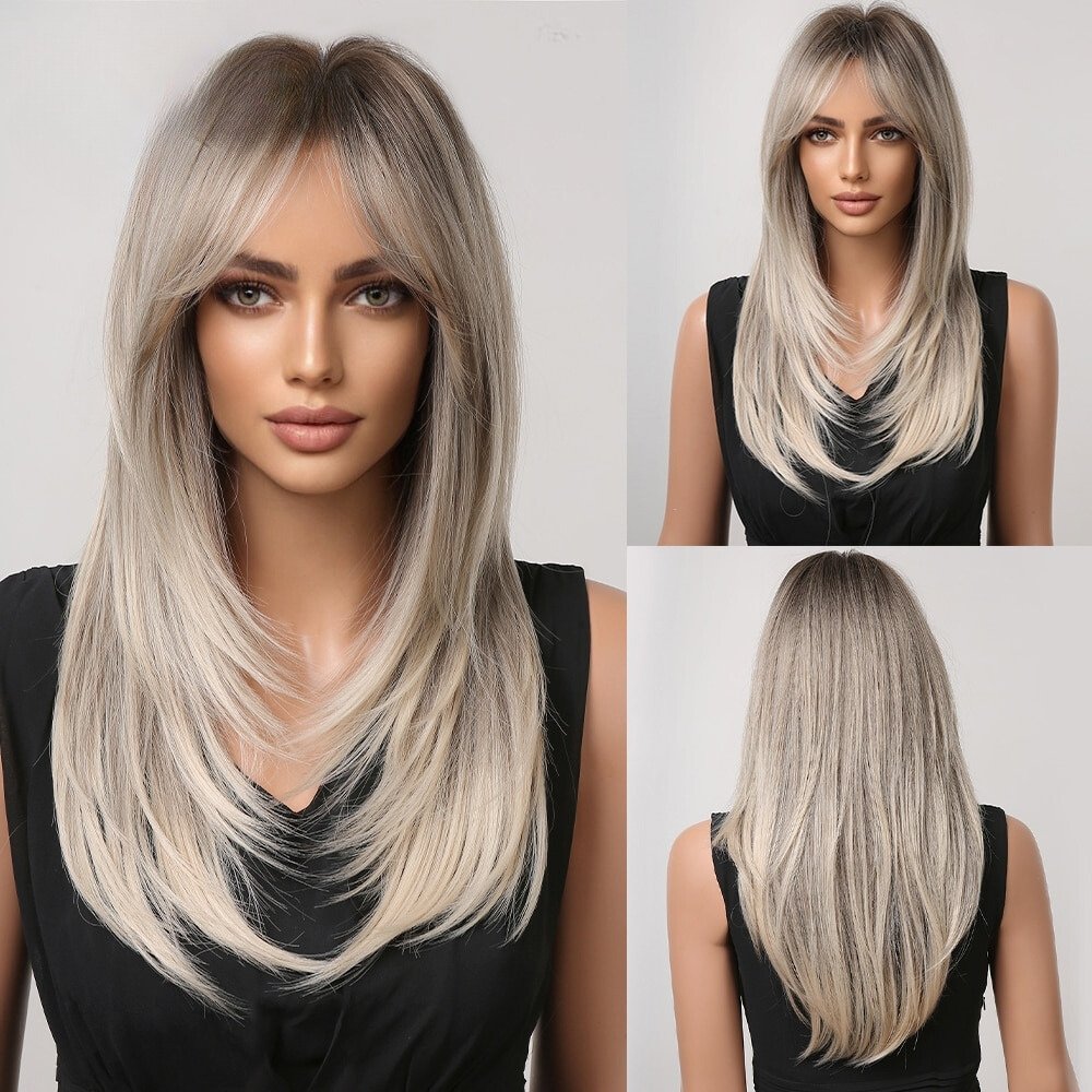 Straight Ash Blonde with Bangs Synthetic Wigs - HairNjoy