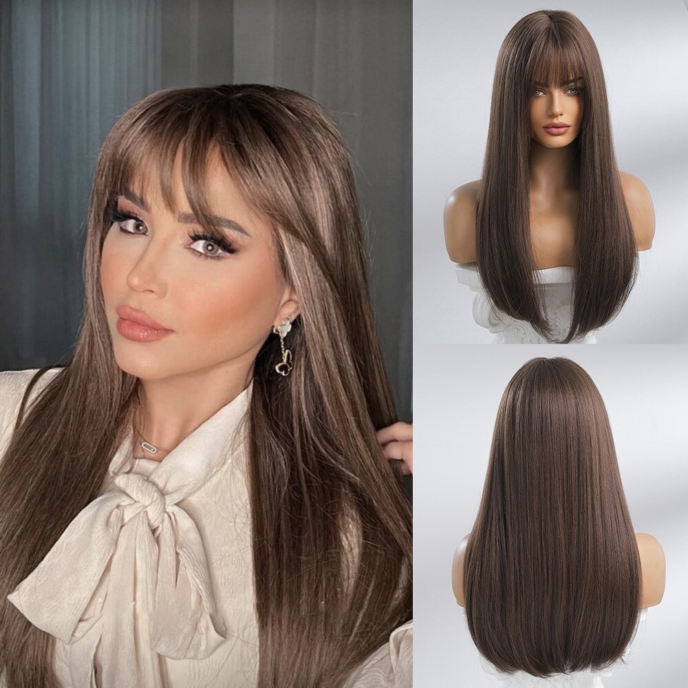 Straight Brown Highlights with Bangs Synthetic Wig - HairNjoy