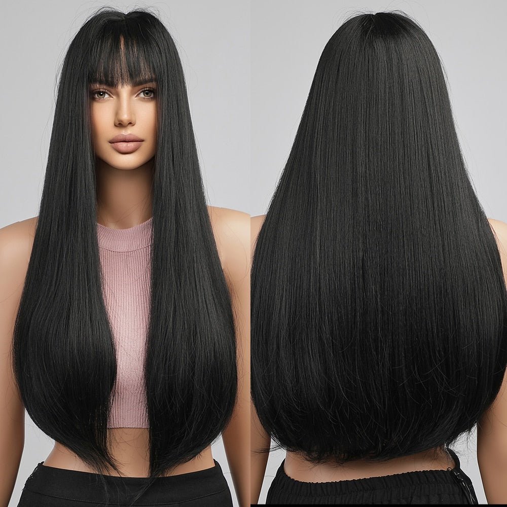 Straight Natural Black with Bangs Synthetic Wigs - HairNjoy