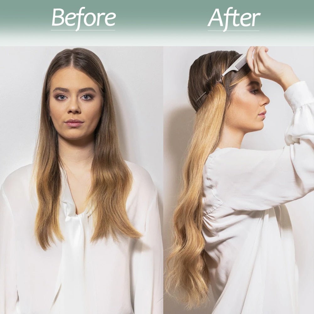Synthetic Long Straight Wavy Halo Extensions without Clips - HairNjoy