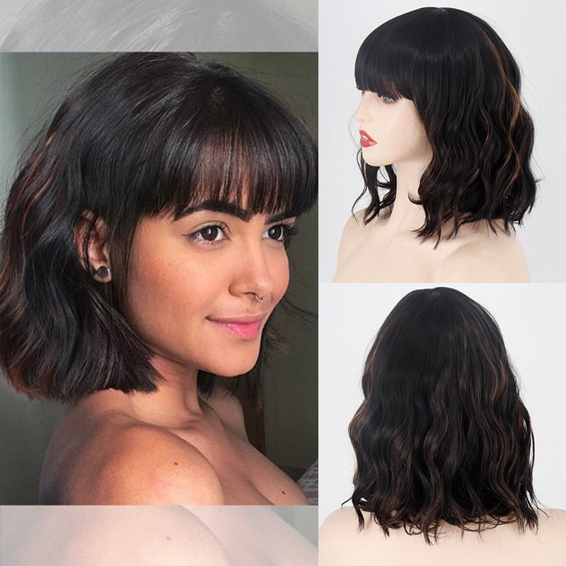 Wavy Black with High Light Brown Synthetic Wig - HairNjoy