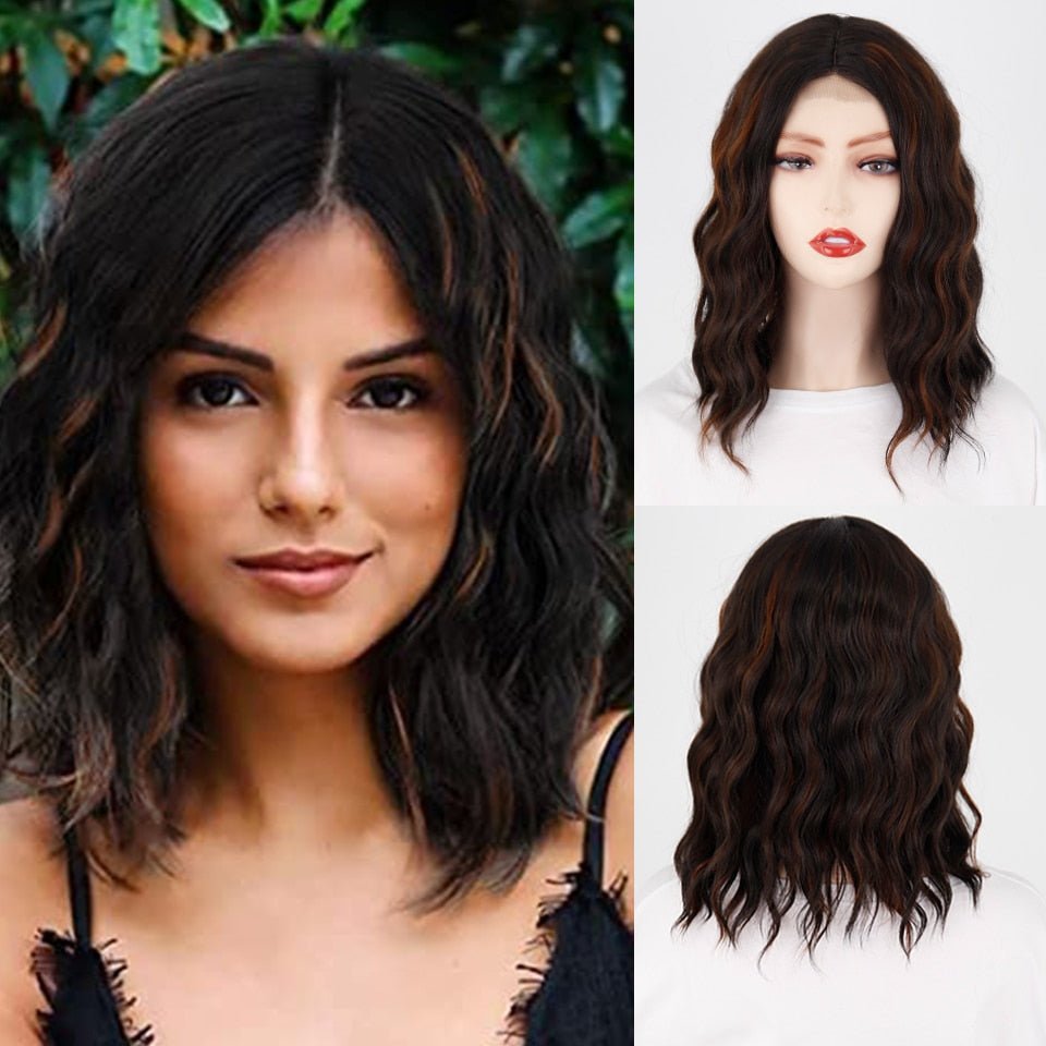 Wavy Black With High Light Brown Synthetic Wigs - HairNjoy