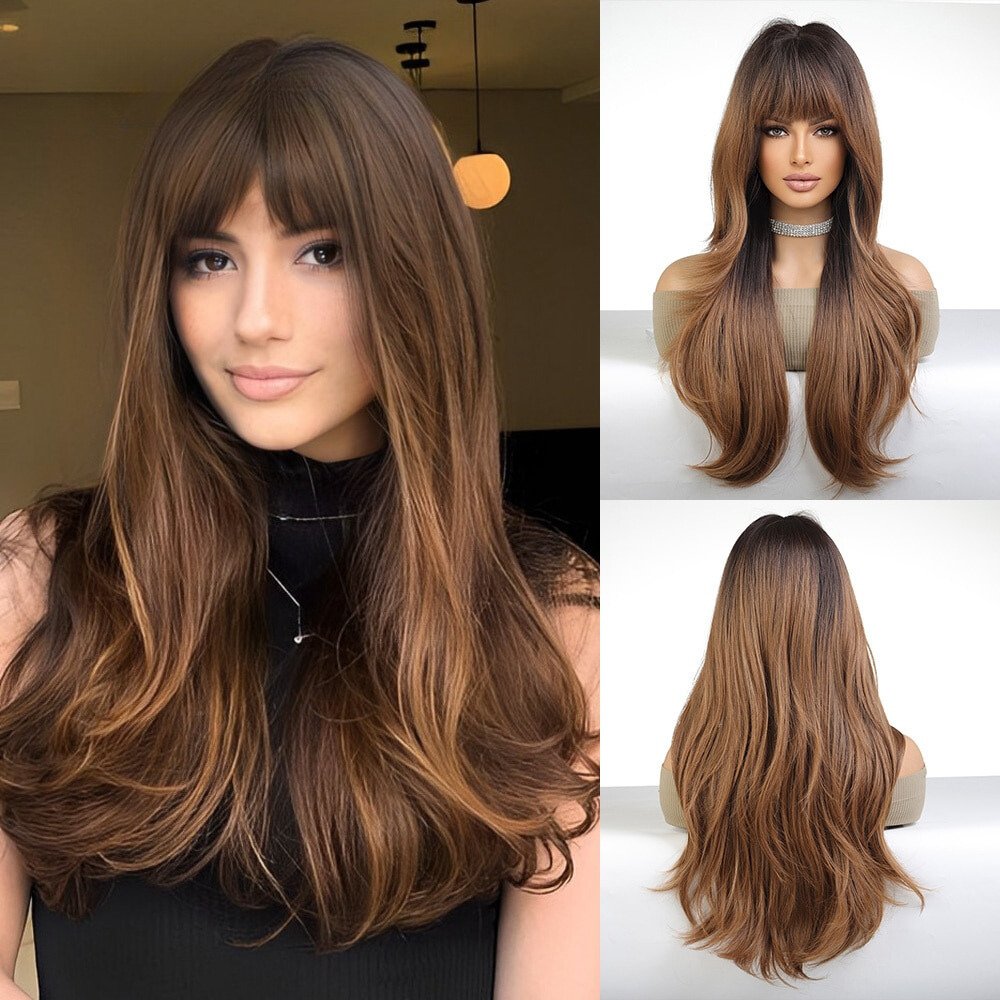 Wavy Brown Highlights with Bangs Synthetic Wig - HairNjoy