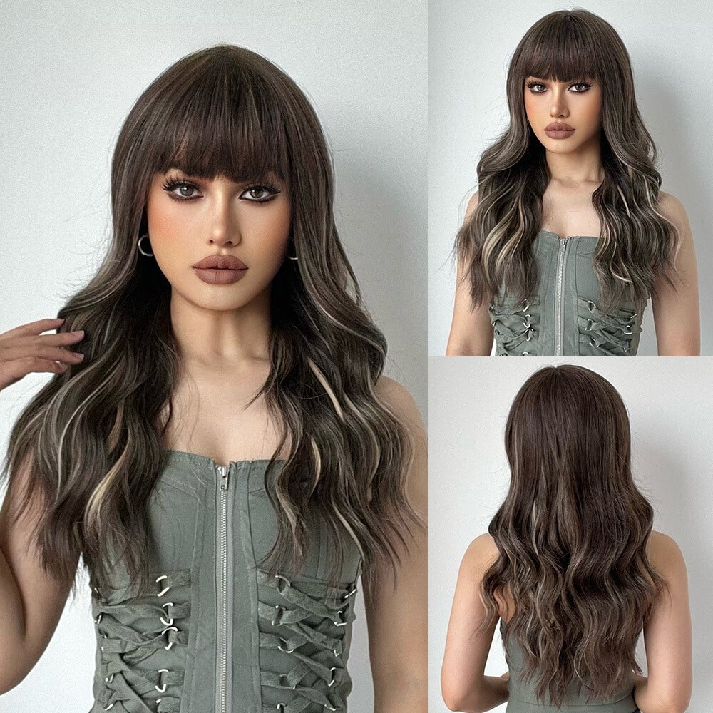 Wavy Brown Lowlights with Bangs Synthetic Wig - HairNjoy