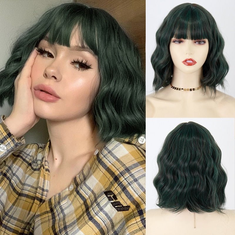 Wavy Dark Green Short Synthetic Wig - HairNjoy