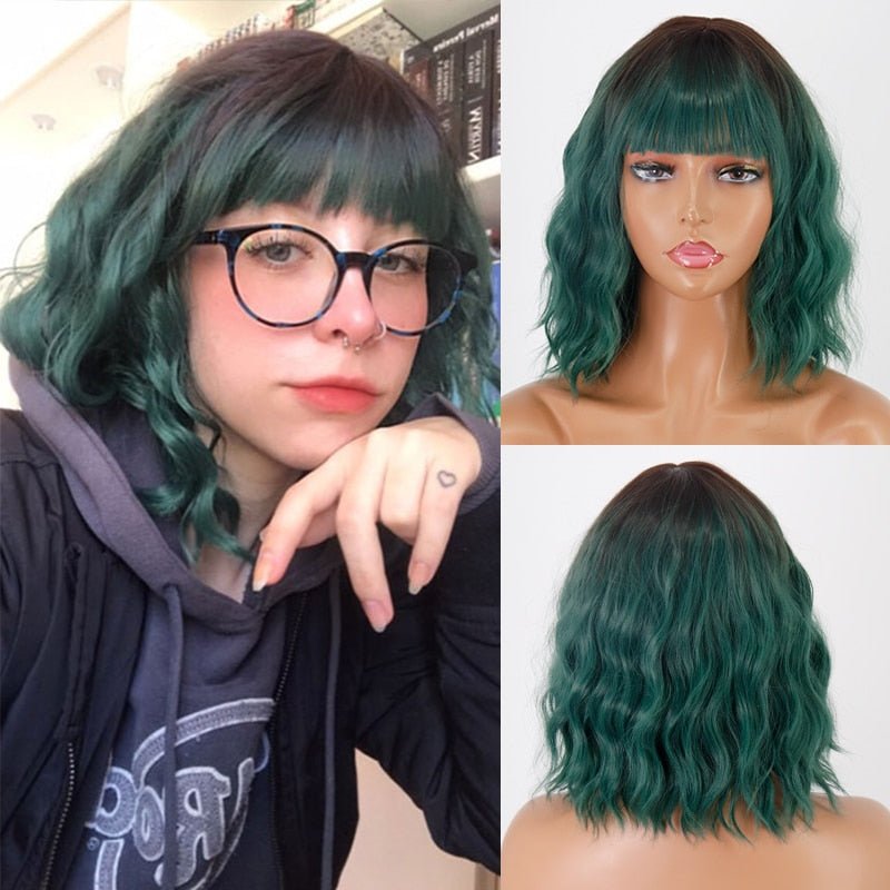 Wavy Dark Green Short Synthetic Wigs - HairNjoy