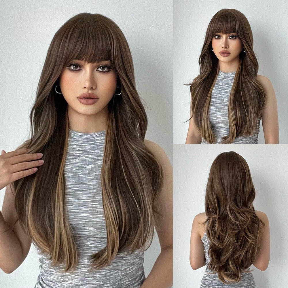 Wavy Highlights with Bangs Synthetic Wig - HairNjoy
