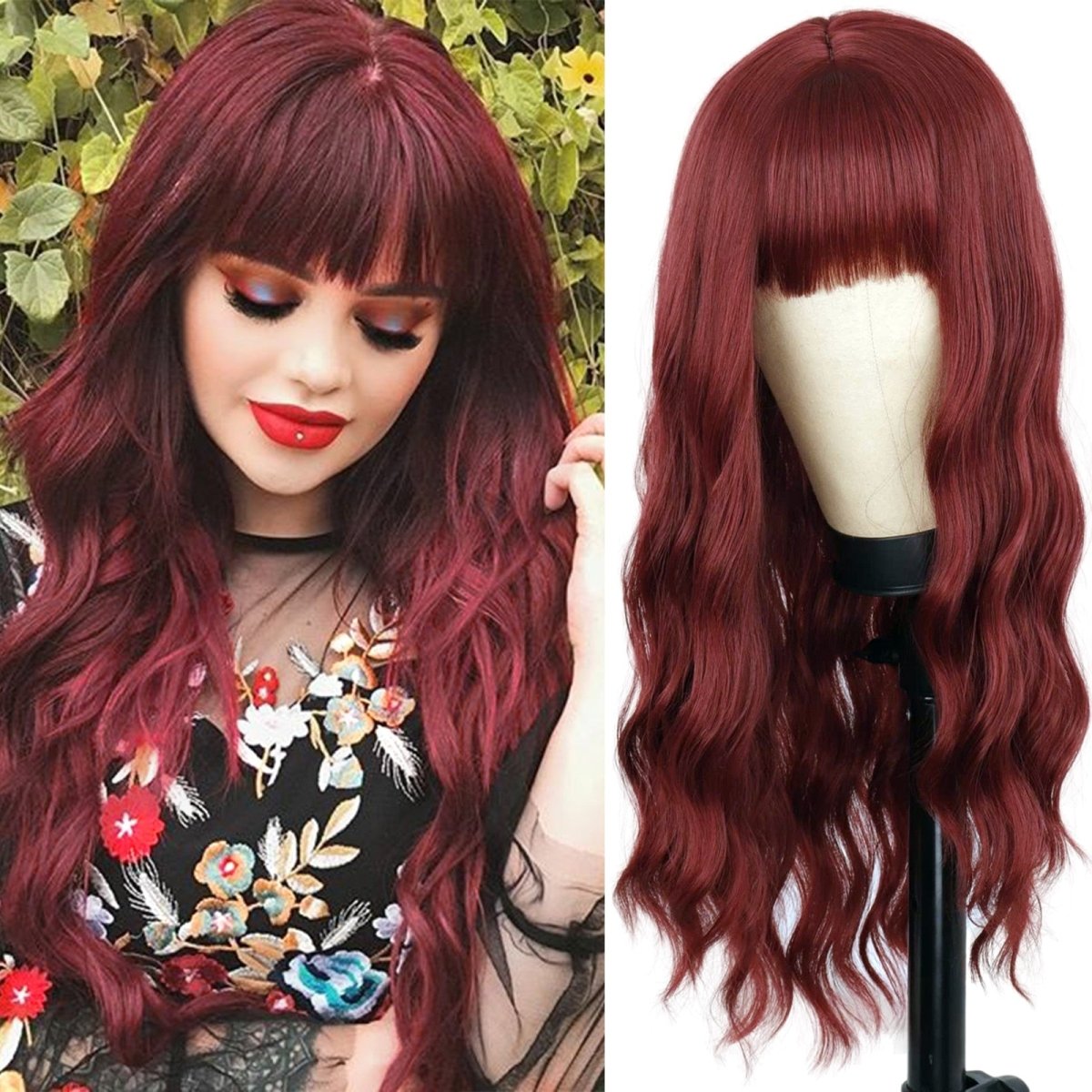 Wavy Long Wine Red Synthetic Wig - HairNjoy