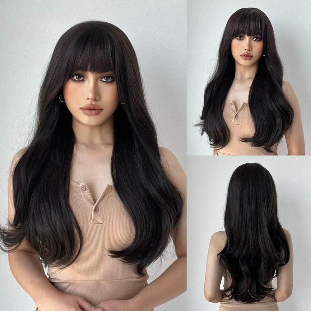 Wavy Natural Black with Bangs Synthetic Wig - HairNjoy
