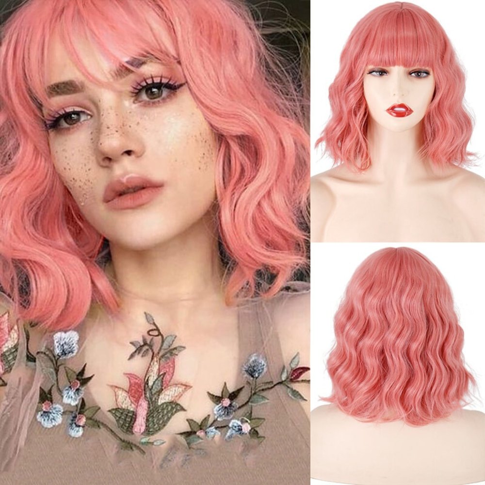 Wavy Pink with Bangs Short Synthetic Wigs - HairNjoy