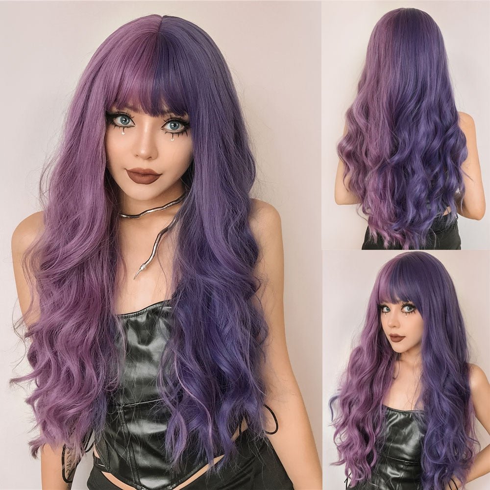 Wavy Purple Ombre Wigs with Bangs - HairNjoy