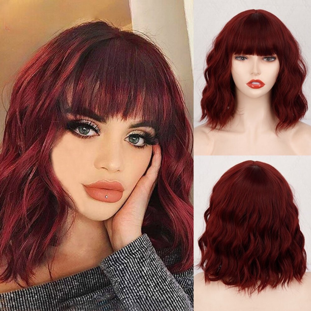 Wavy Short Wine Red Synthetic Wig - HairNjoy
