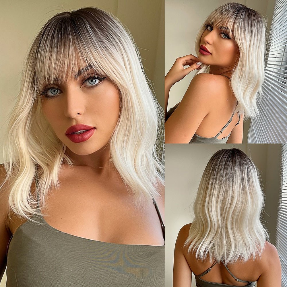 White Blonde Black Root with Bangs Wigs - HairNjoy