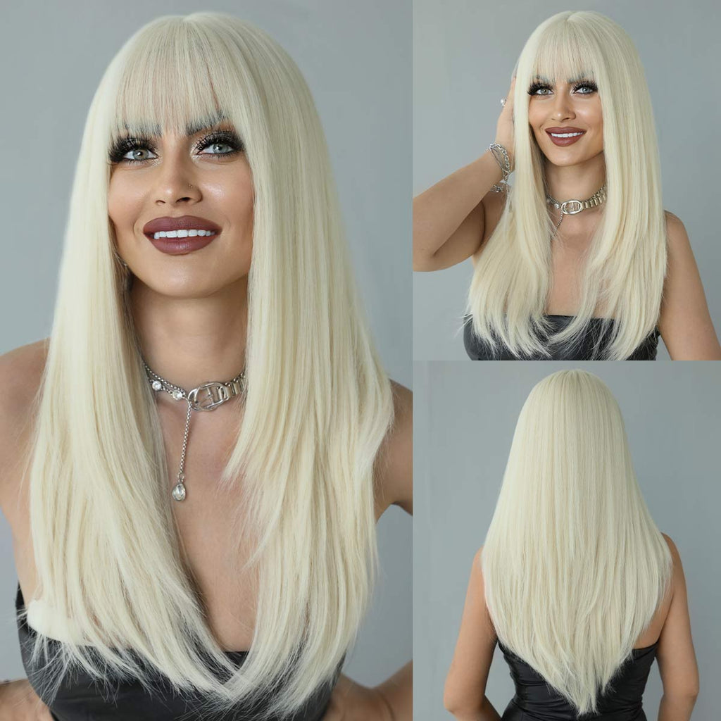 White Blonde with Bangs Synthetic Wig - HairNjoy