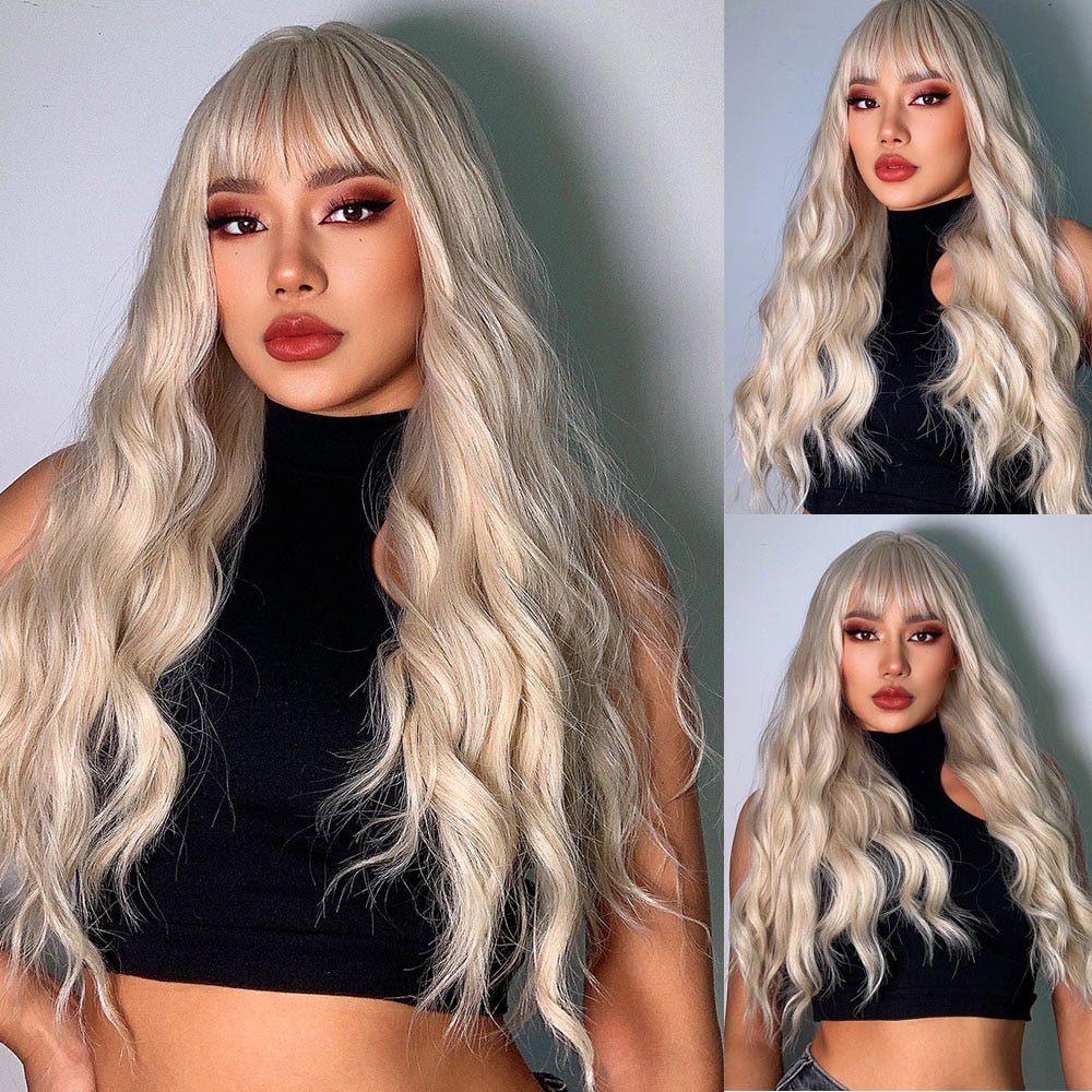 White Mixed Blonde Wigs with Bangs - HairNjoy