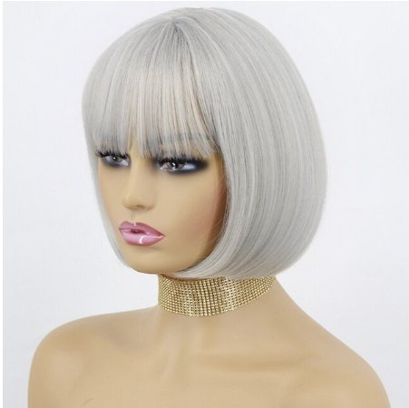 White Straight Synthetic Bob Wigs with Bangs - HairNjoy