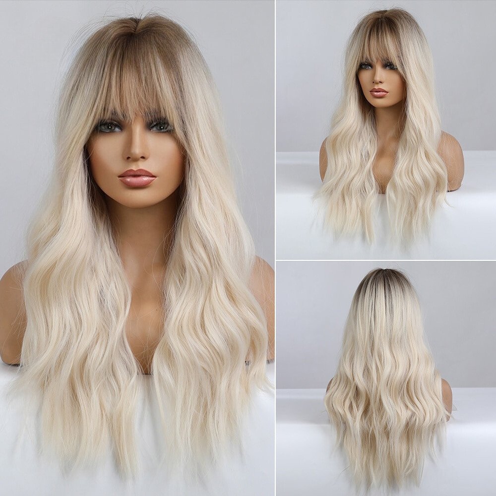White Wavy Dark Root with Bangs Synthetic Wig - HairNjoy