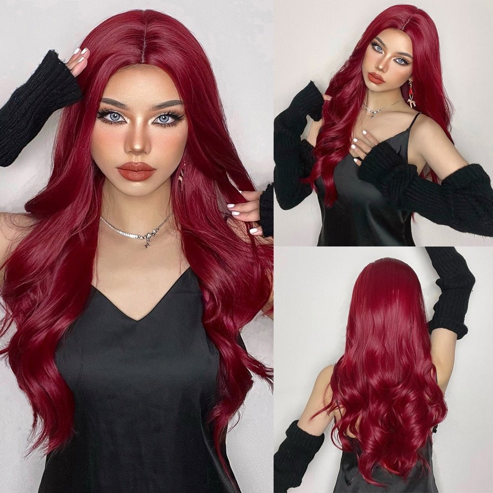 Wine Red Colored Long Wavy Synthetic Wigs - HairNjoy